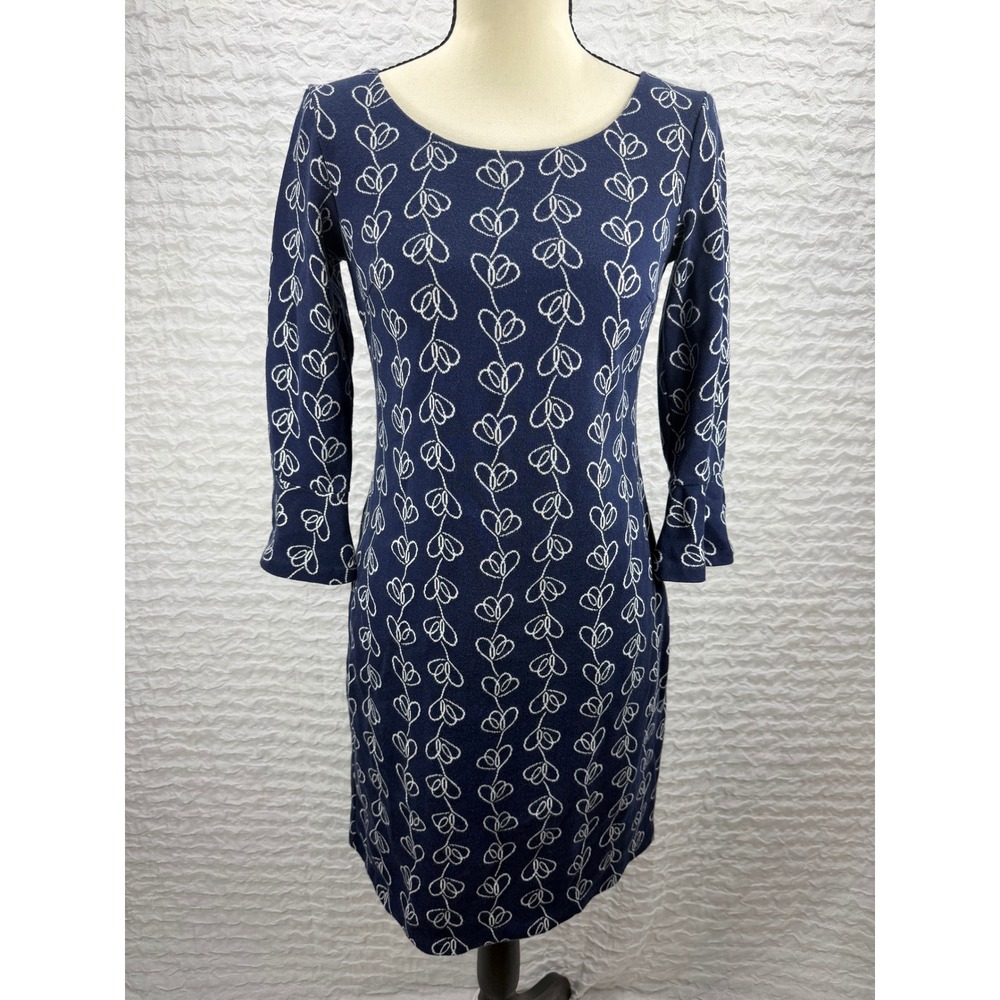 Boden Navy Blue Heart Vine Embroidered Sheath Dress 3/4 Bell Sleeve US 2P